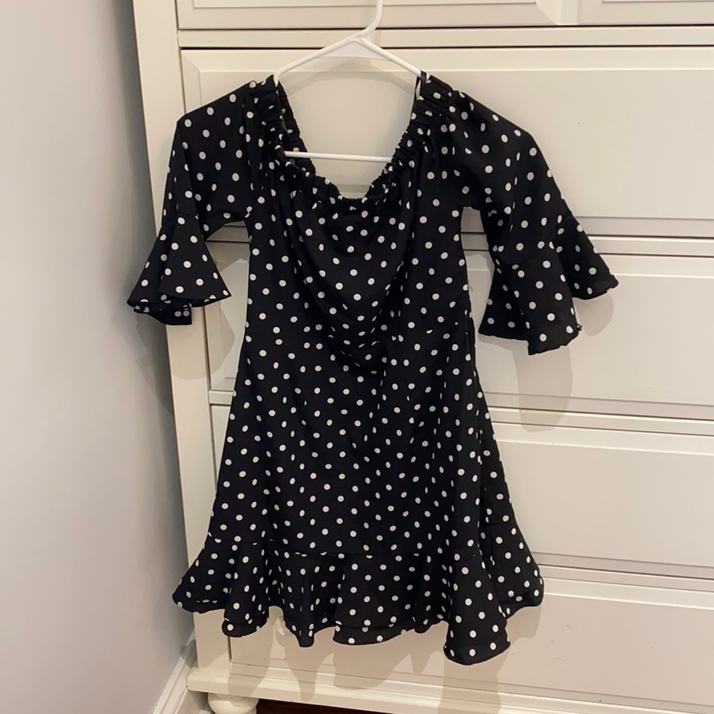 Black and white polka dot off the shoulder dress